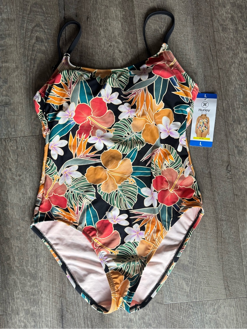 Hurley Black One-Piece Swimsuit with Tropical Floral Print Women’s Large